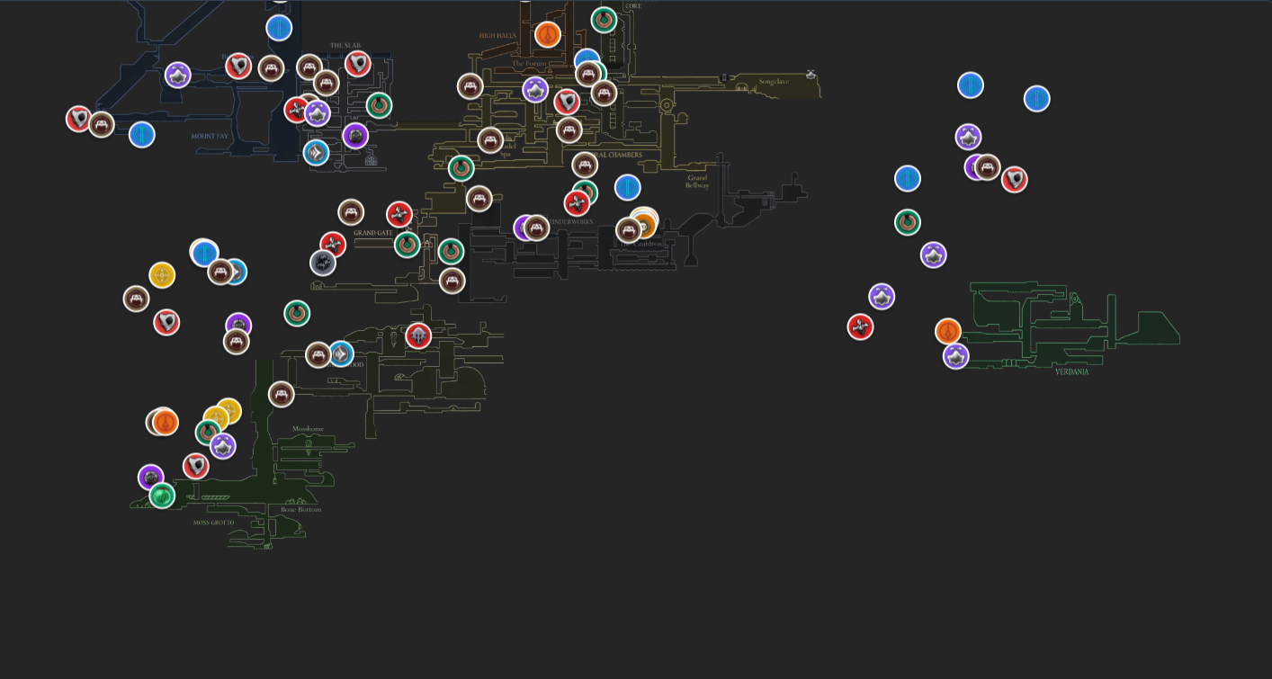 Overview of Pharloom with boss and collectible markers from the Silksong Interactive Map